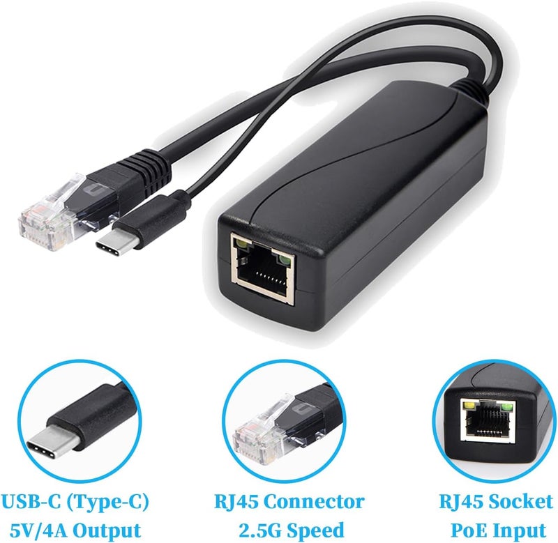 REVODATA 2.5G Type C PoE Splitter 5V/4A, 48V PoE to USB-C 5V/4A 20W Output, 2.5Gbps Ethernet Comply IEEE802.3af/at, Plug and Play for Smart Home/Pi 4B/4B+ (TYPEC0504G) - Image 3